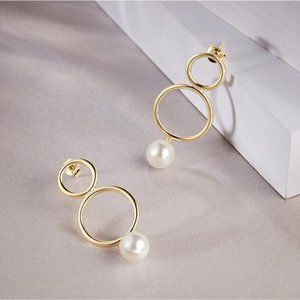 DOUBLE HOOP ROUND PEARL STERLING SILVER EARRINGS